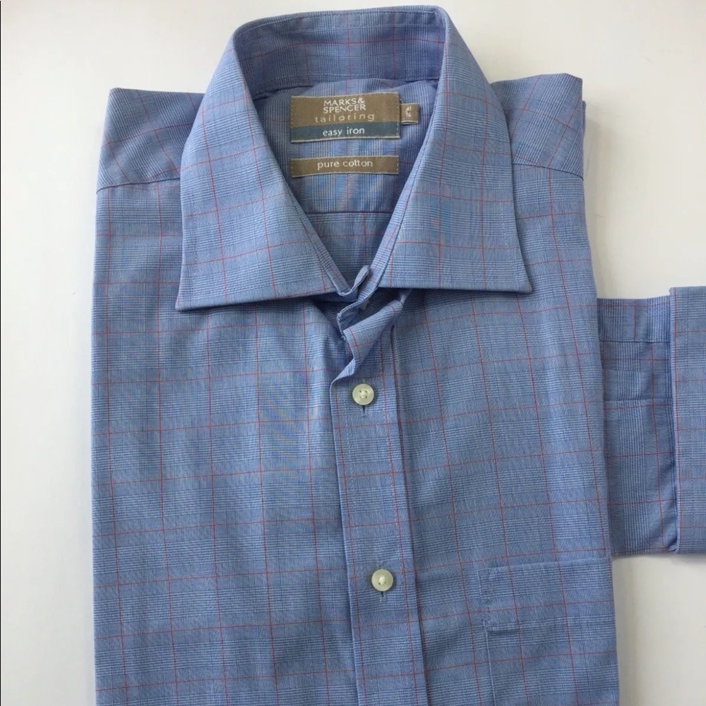 Marks & Spencer Men Long Sleeve Dress Shirt Blue Red Plaid 16 Cotton
